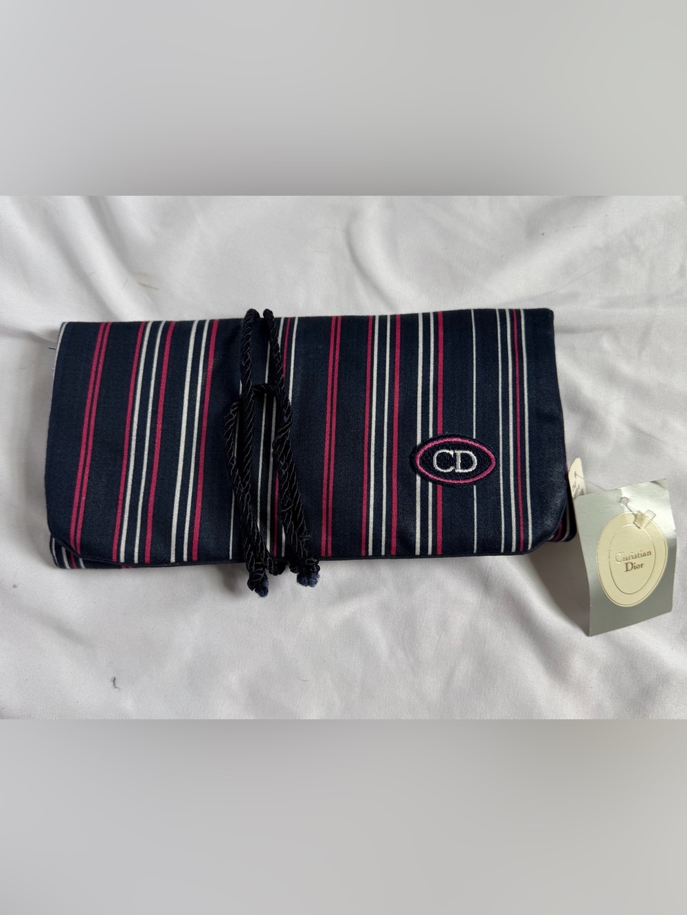 Vintage Christian Dior Stripe Travel Bag Jewelry Cosmetics Organizer Navy Pink